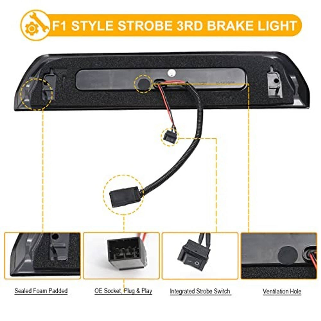 LED high mount brake light with wiring harness and mounting components shown