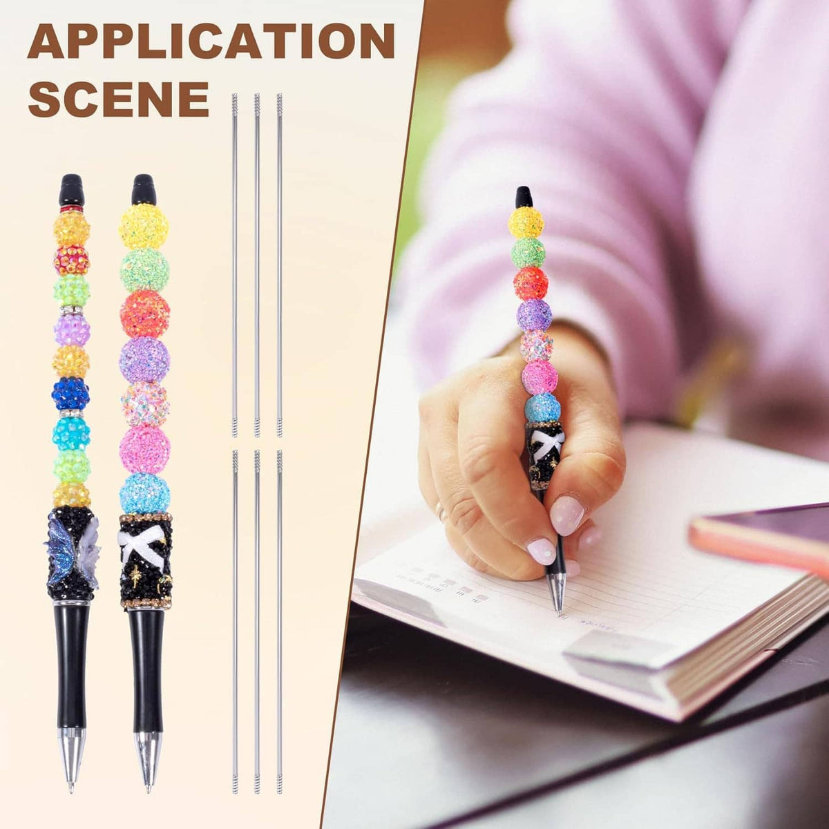 DIY beadable pen extender rods with colorful beads, writing setup with pen and notebook
