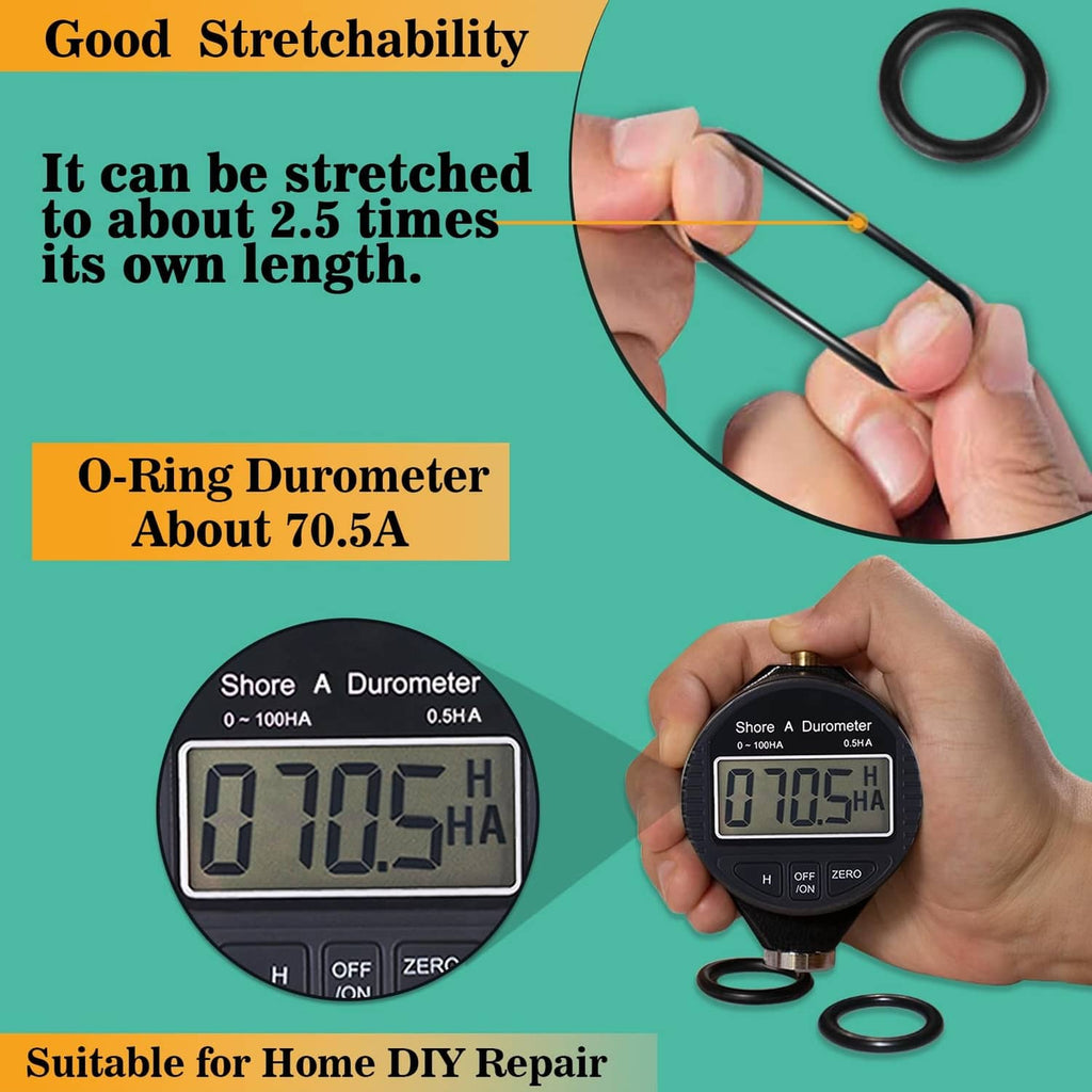 Black O-ring set with stretchability graphic and hands checking ring size
