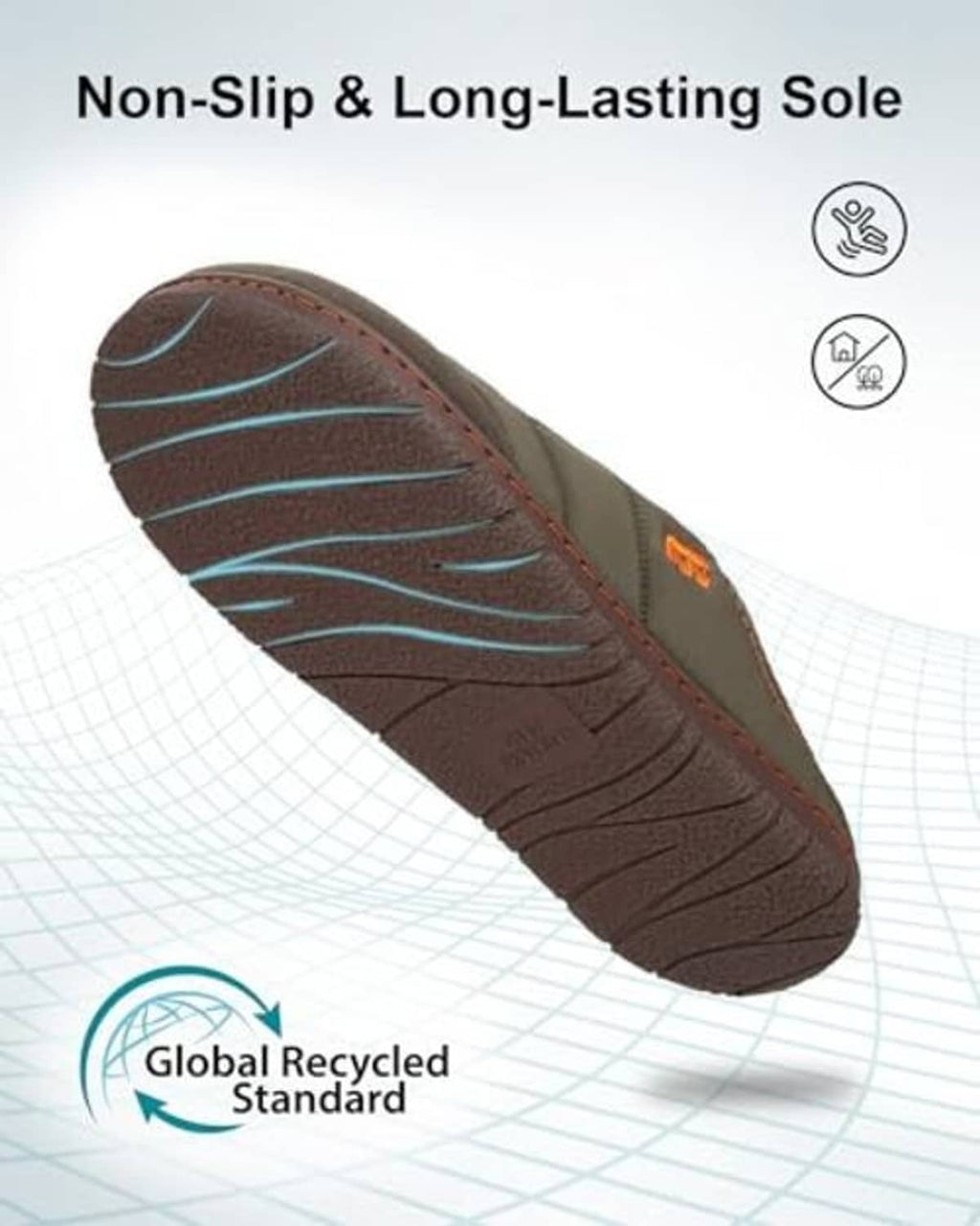 Textured brown outsole for slip resistance, underside view of slipper