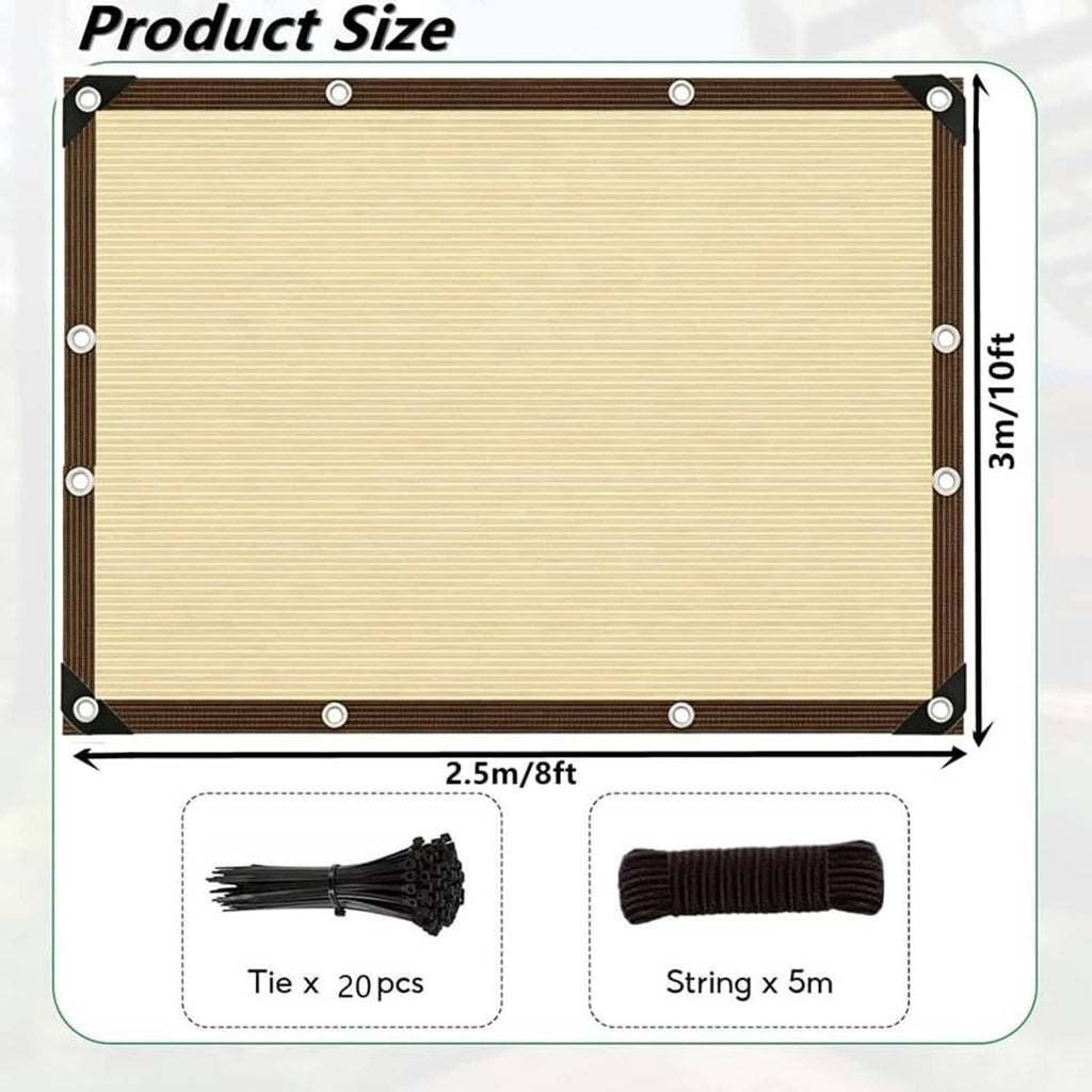 Sand sun shade cloth with dark stitched border and corner grommets