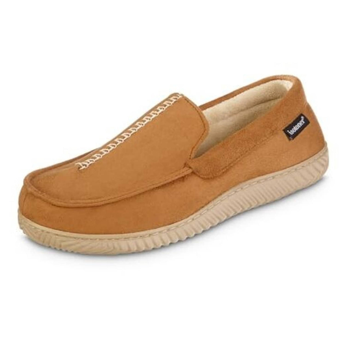 Cognac microsuede moccasin slipper with stitched apron and cushioned rubber sole