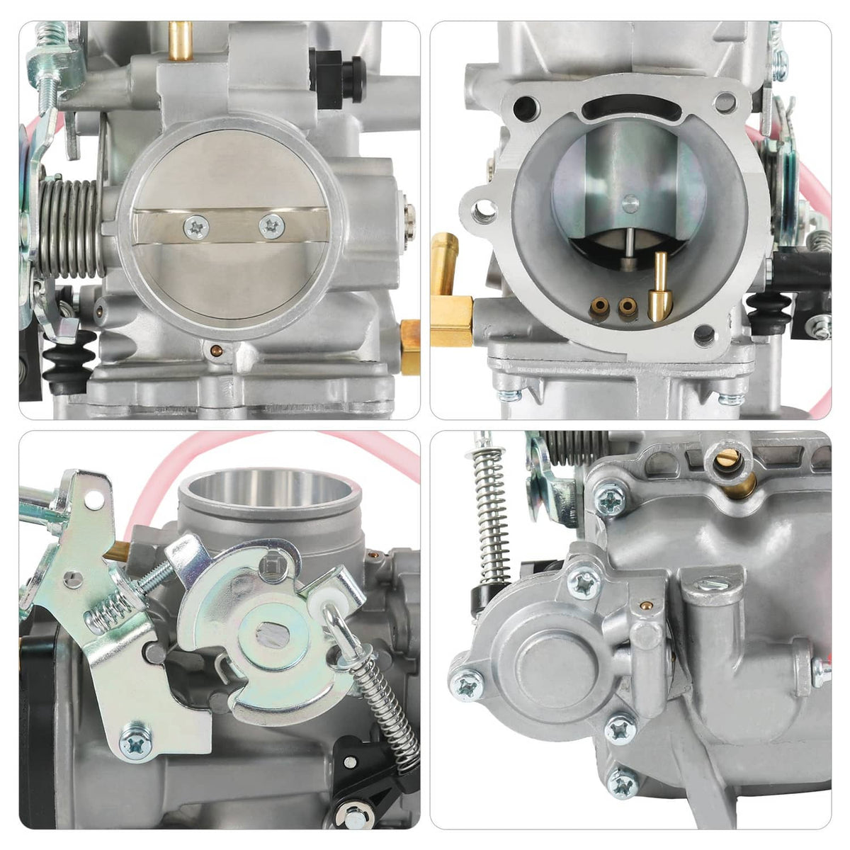 Carburetor close-ups showing throttle bore, jets, and mounting components