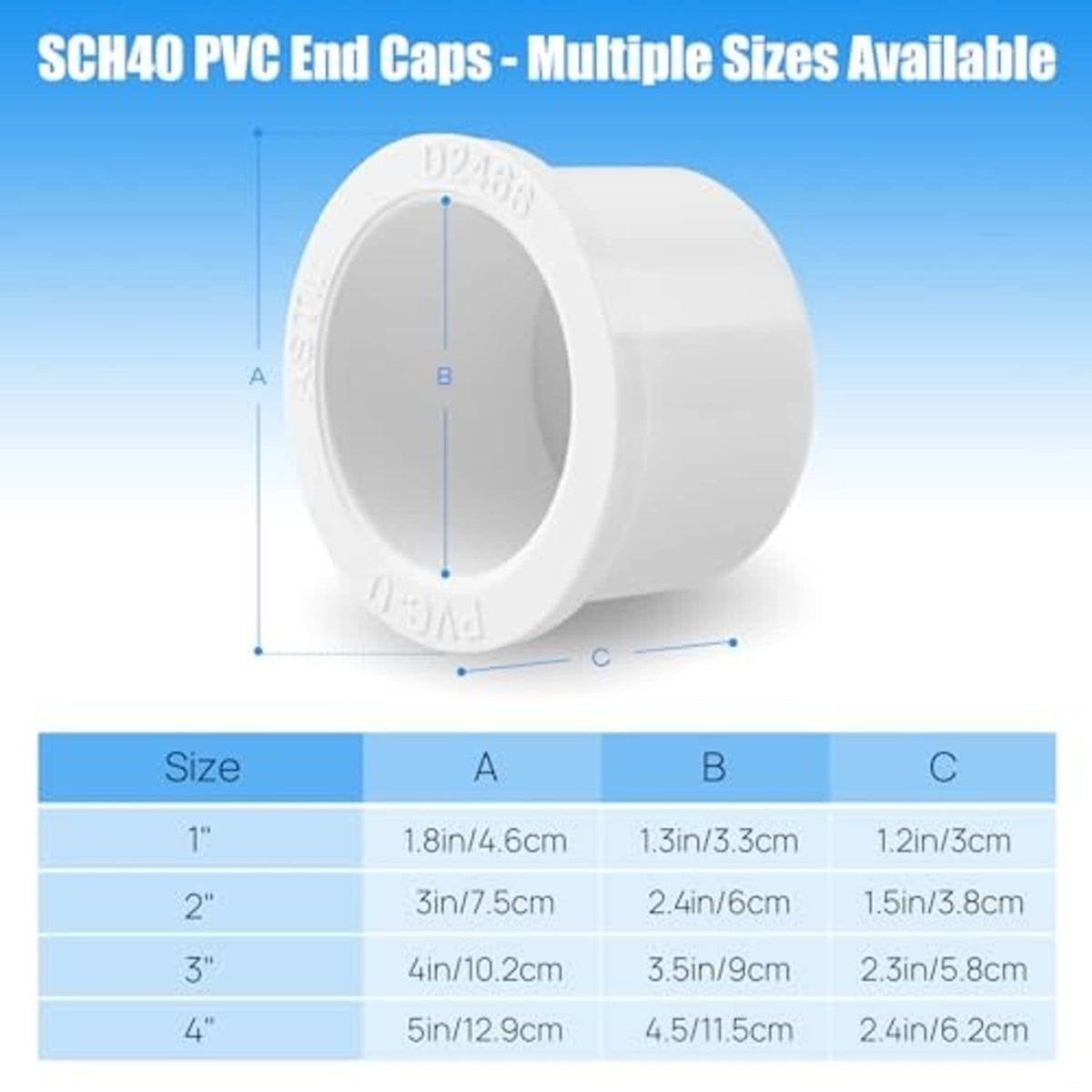 White SCH40 PVC end cap plug diagram view, round cap shape with interior bore
