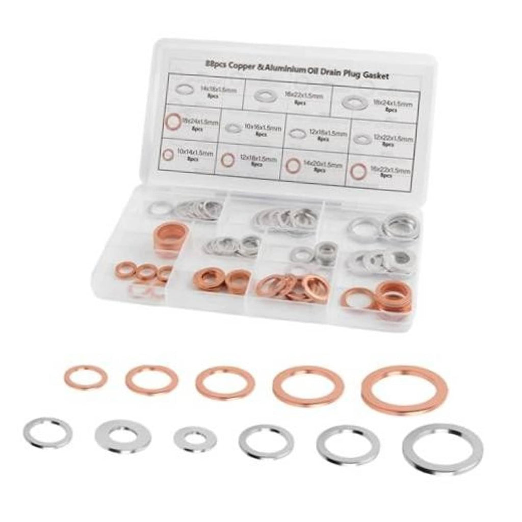 Oil drain plug gasket washer set in storage case, showing copper and silver washers