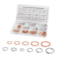 Oil drain plug gasket washer set in storage case, showing copper and silver washers