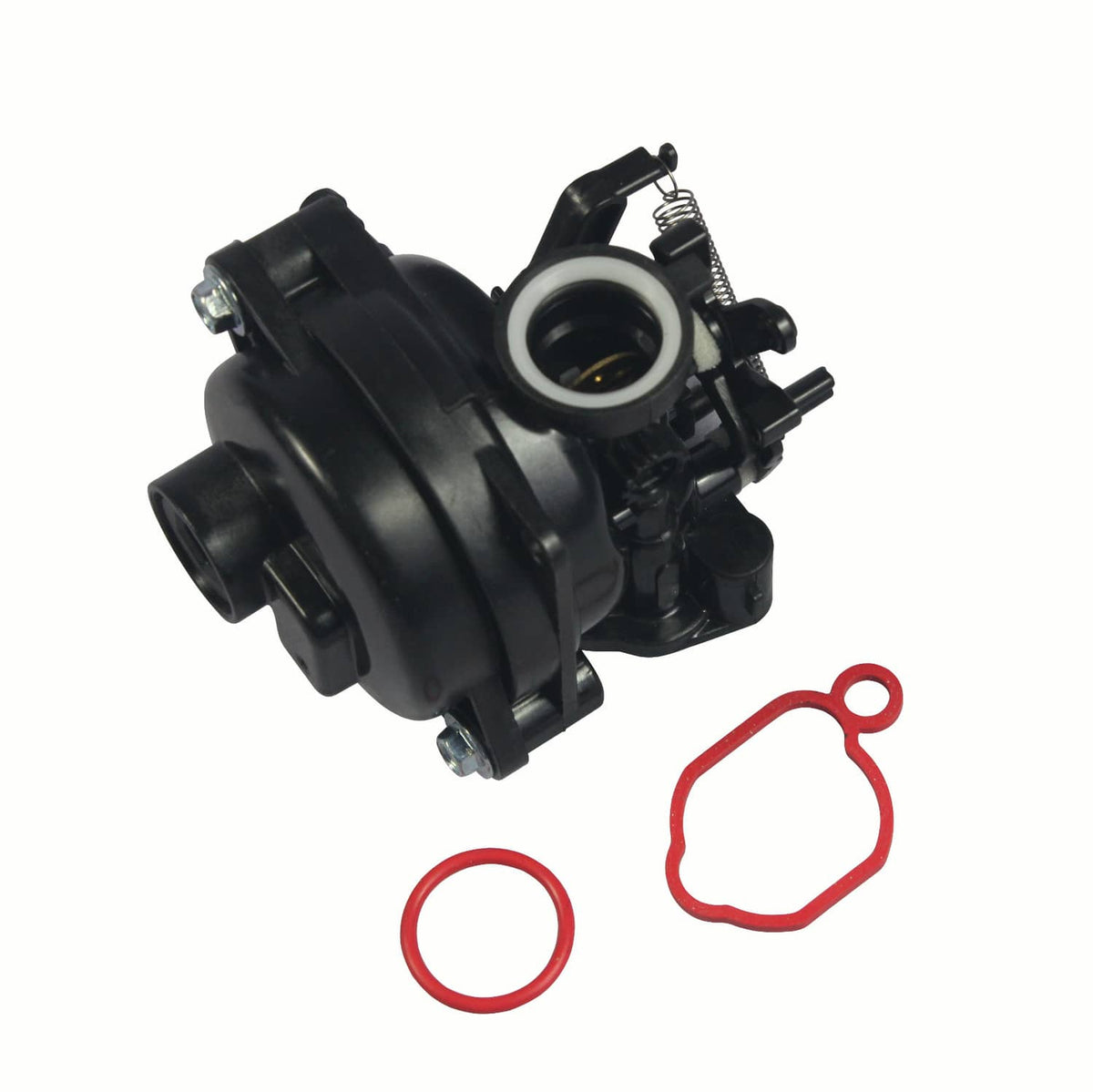 Black carburetor with mounting flange and red gasket seals included