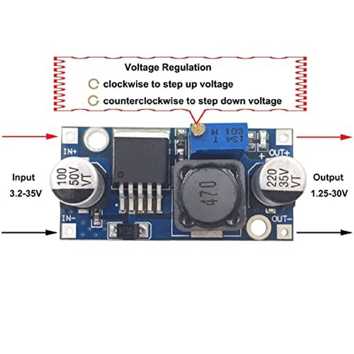 DC-DC buck converter module with input/output terminals and voltage regulation arrows
