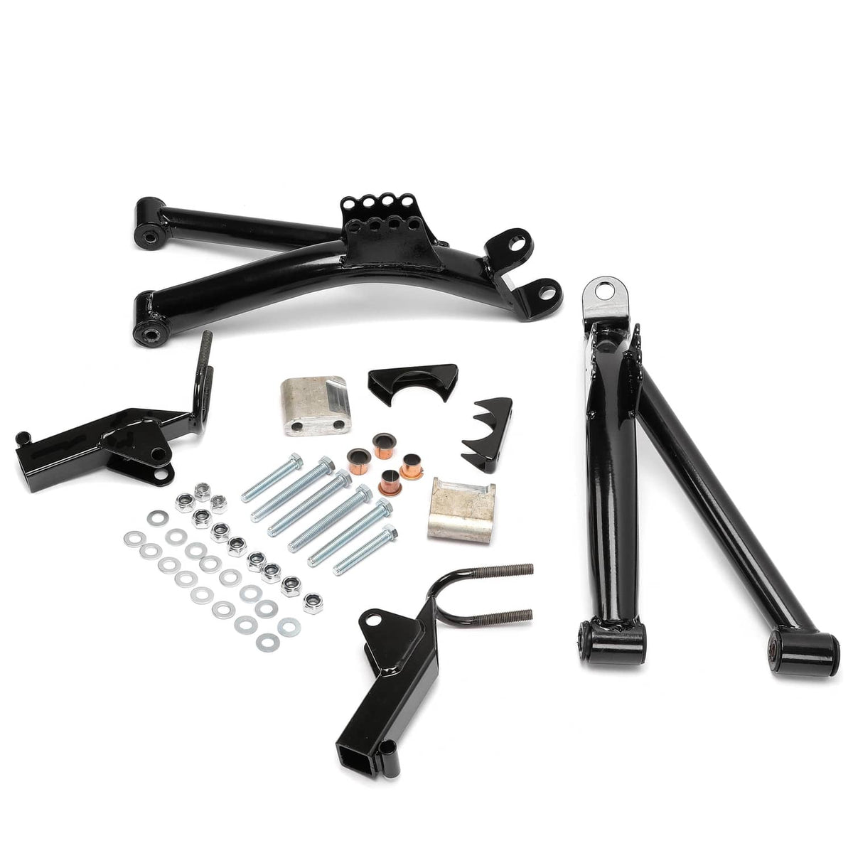 A-arm lift kit parts set with black lift arms, brackets, and small metal hardware