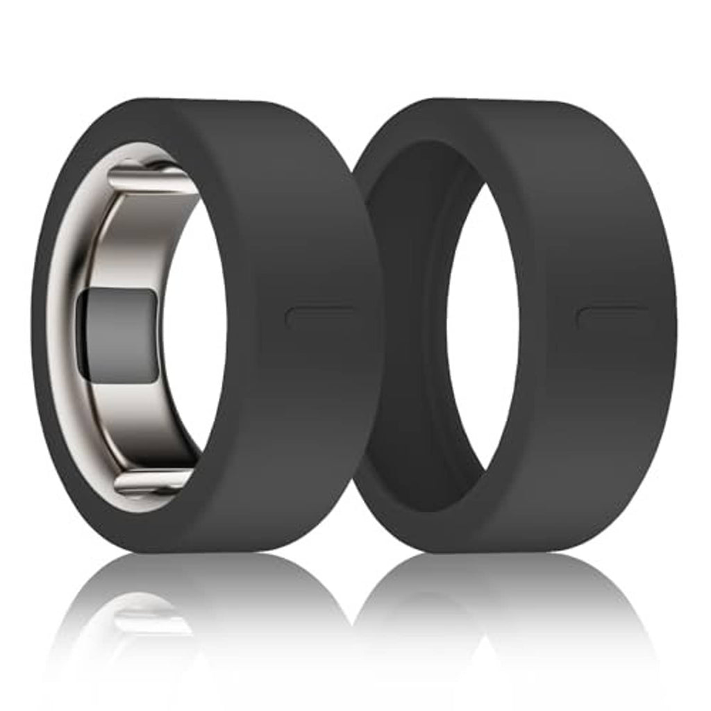 Black silicone Oura ring cover shown in two angles with metal insert