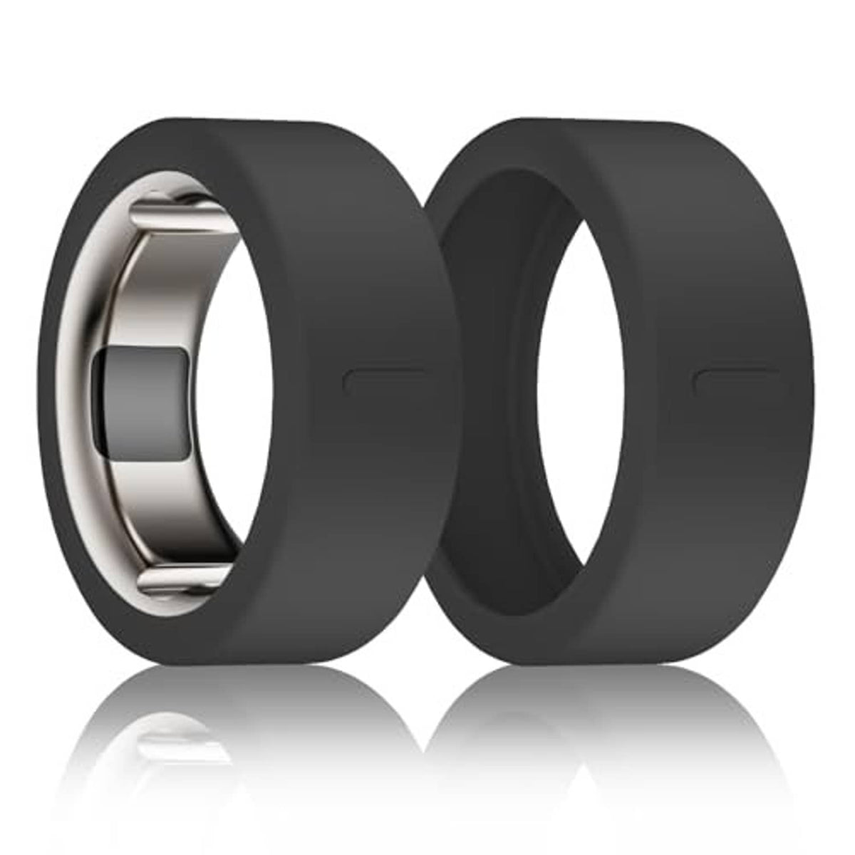 Black silicone Oura ring cover shown in two angles with metal insert