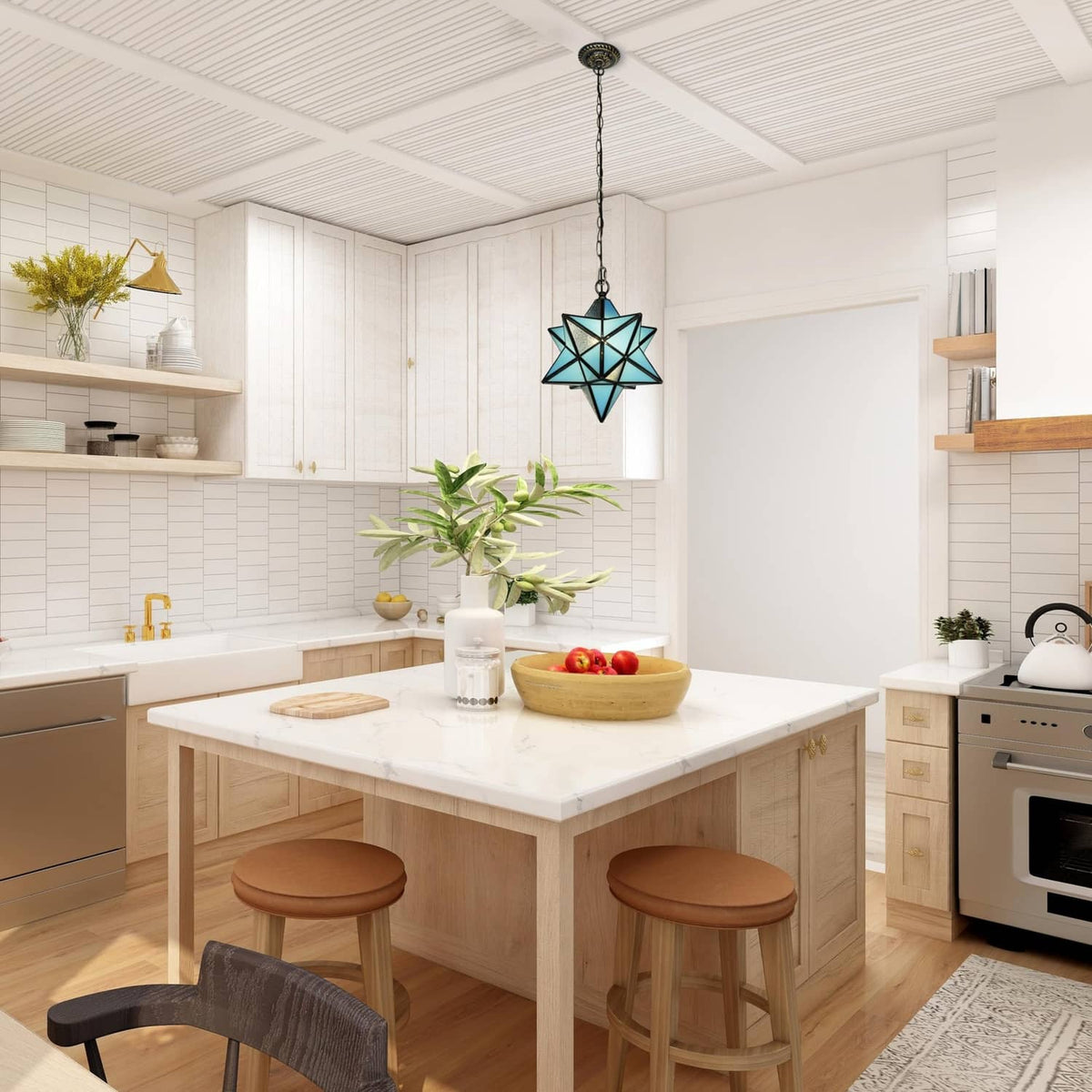Blue stained glass star pendant light hanging above a kitchen island