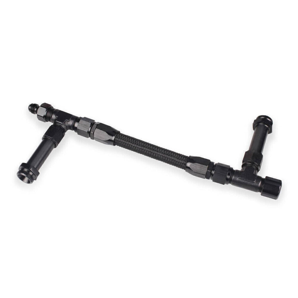 Braided fuel line with black fittings and two angled connection ends