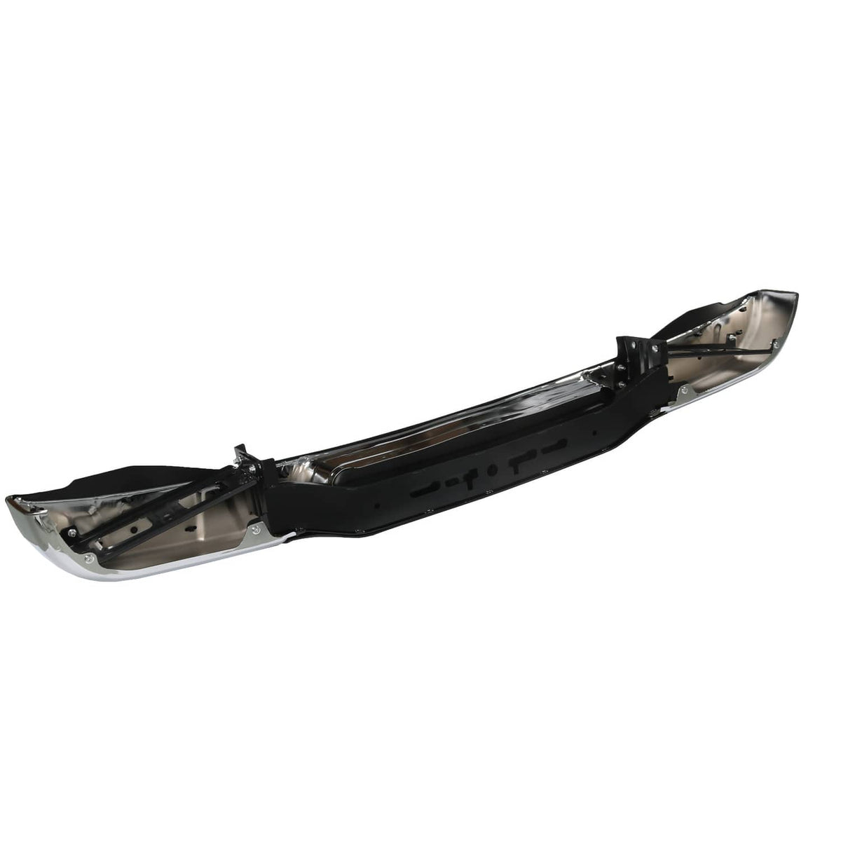 Rear bumper assembly with black reinforcement and chrome corner trim