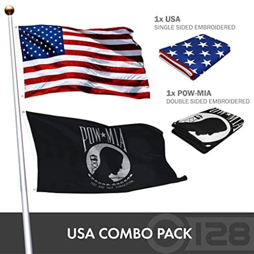USA and POW-MIA single and double sided embroidered flags, star and POW portrait emblems