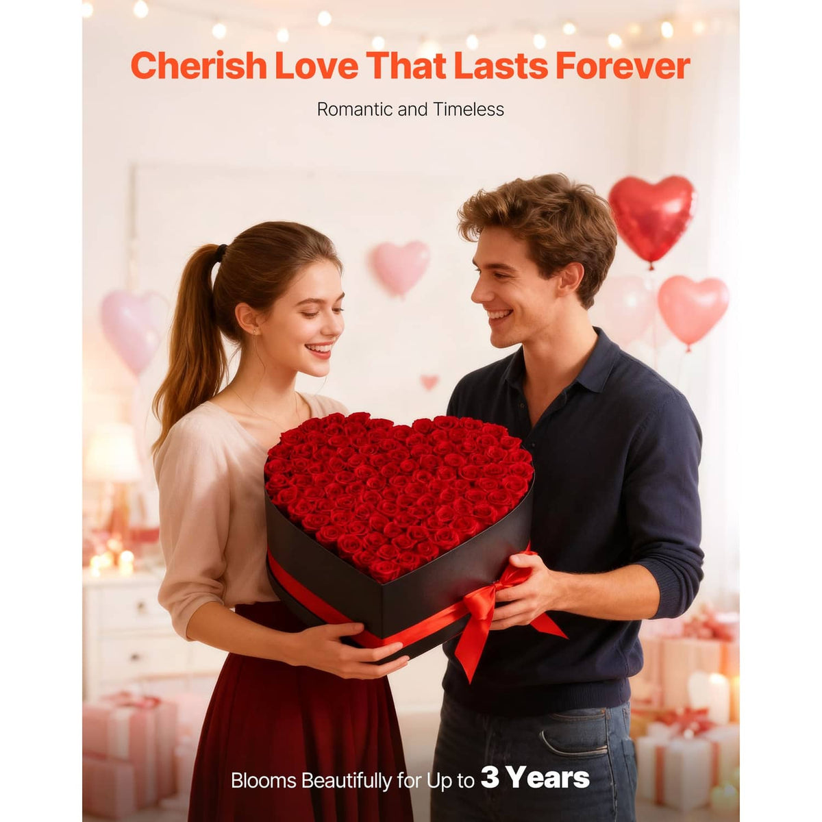 Heart-shaped red rose gift box with ribbon, held by a couple