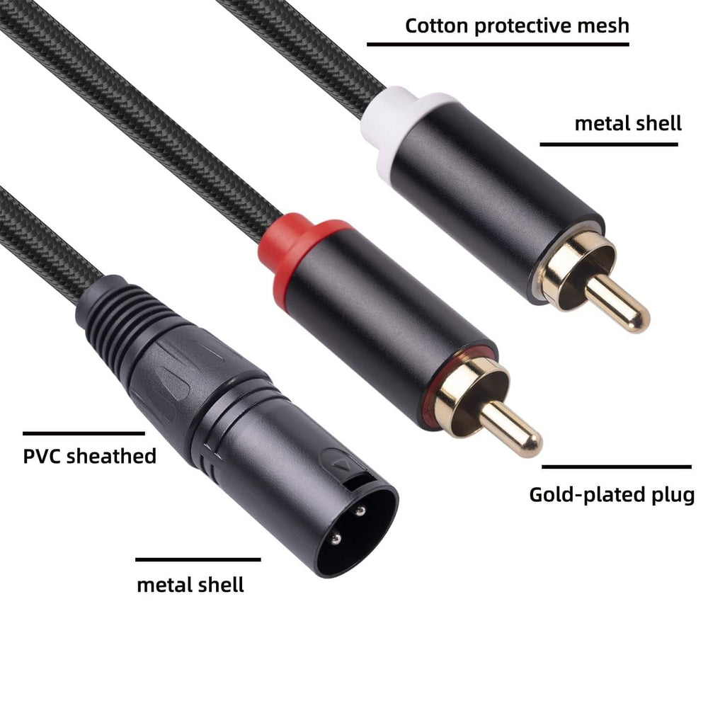 Close-up of black dual RCA and XLR male connectors with gold-plated pins and cotton mesh