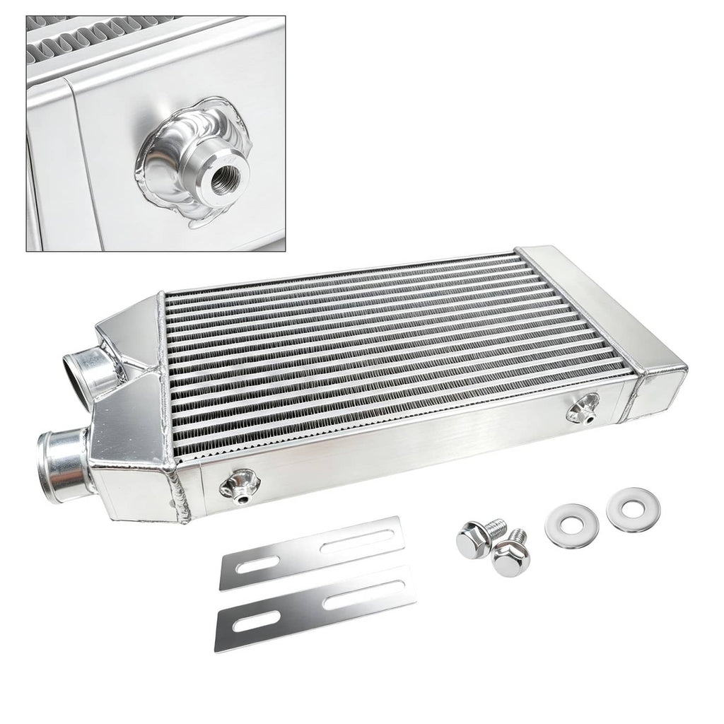 Aluminum front-mount intercooler with inlet and outlet ports, polished silver finish