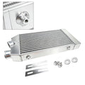 Aluminum front-mount intercooler with inlet and outlet ports, polished silver finish