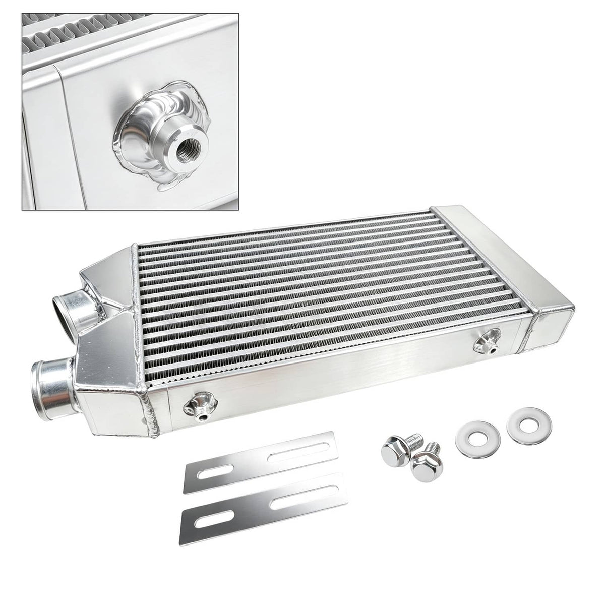 Aluminum front-mount intercooler with inlet and outlet ports, polished silver finish