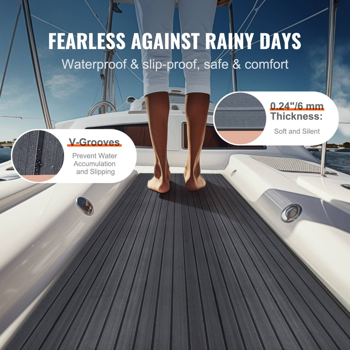 Dark gray boat deck flooring with textured grooves on a yacht deck