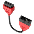 OBD adapter cable with red housing and black multi-pin 12-pin to 16-pin connectors