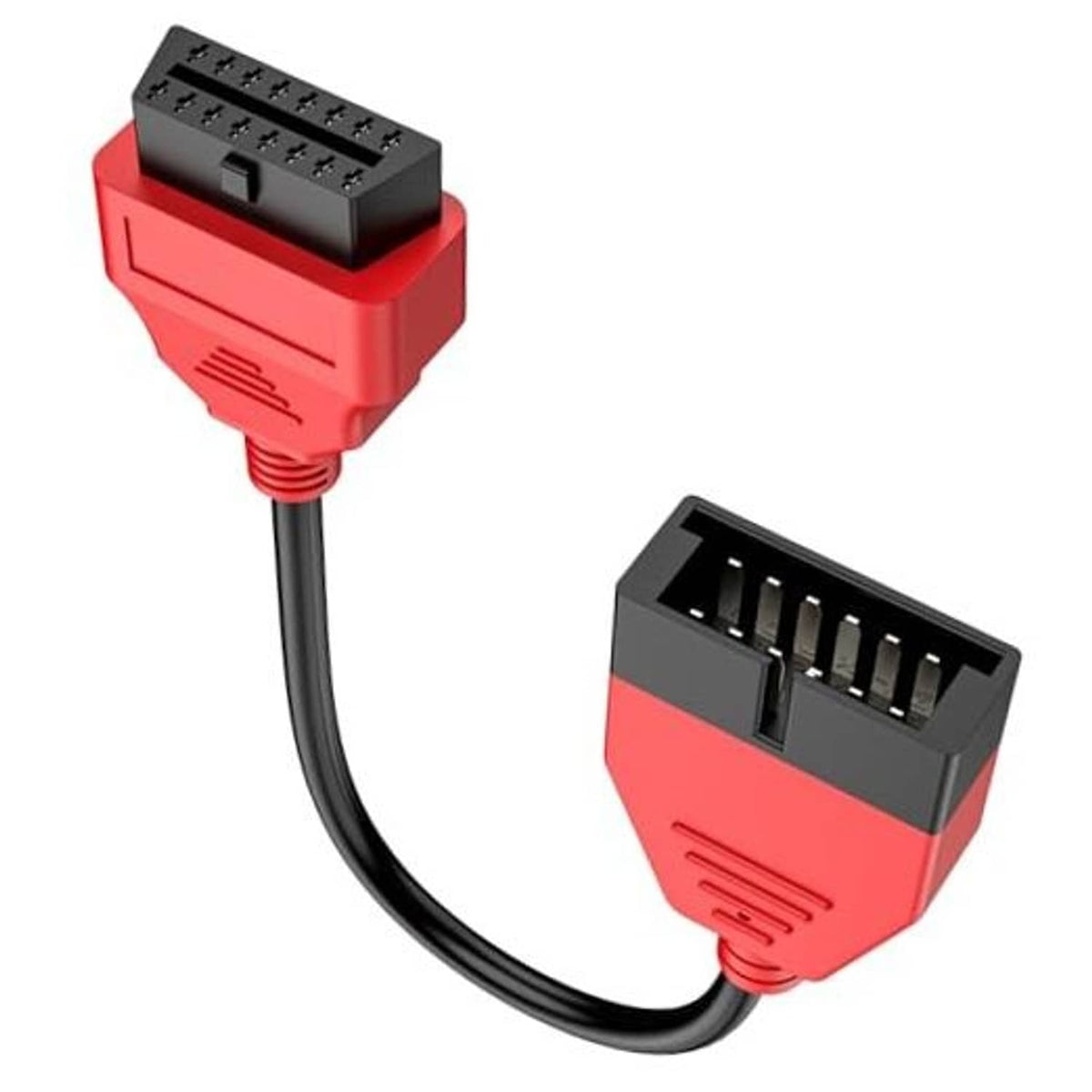 OBD adapter cable with red housing and black multi-pin 12-pin to 16-pin connectors