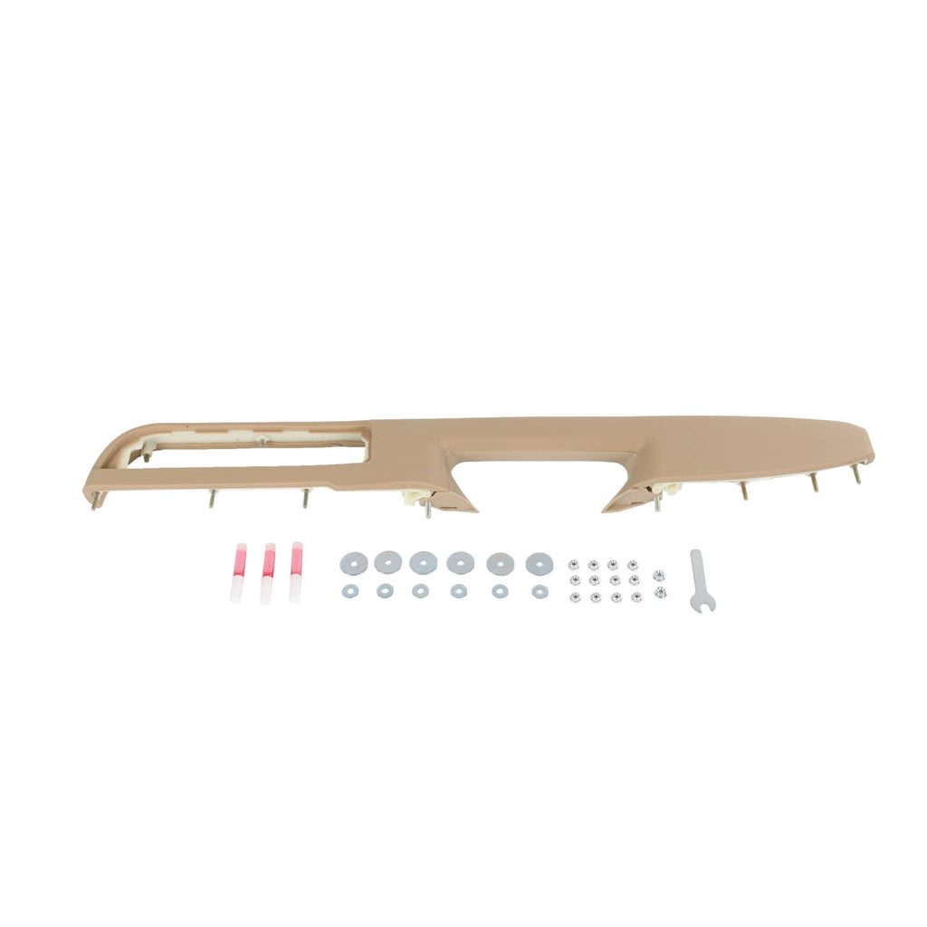 Beige driver-side door panel armrest handle trim with mounting pegs and empty frame.