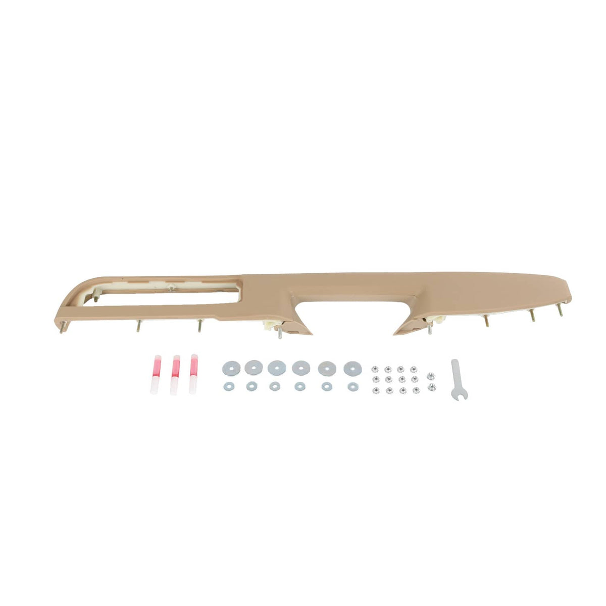 Beige driver-side door panel armrest handle trim with mounting pegs and empty frame.