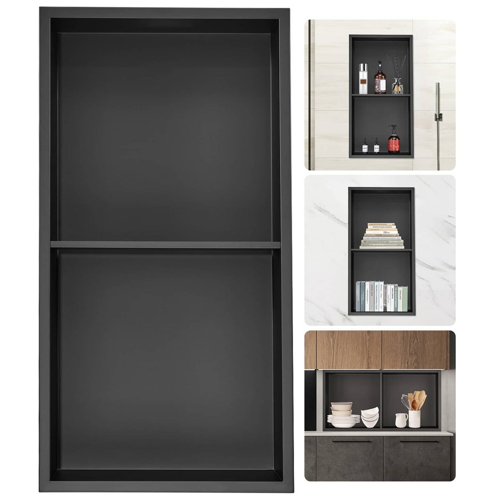 Black stainless steel shower niche insert with double shelves, wall-mounted storage