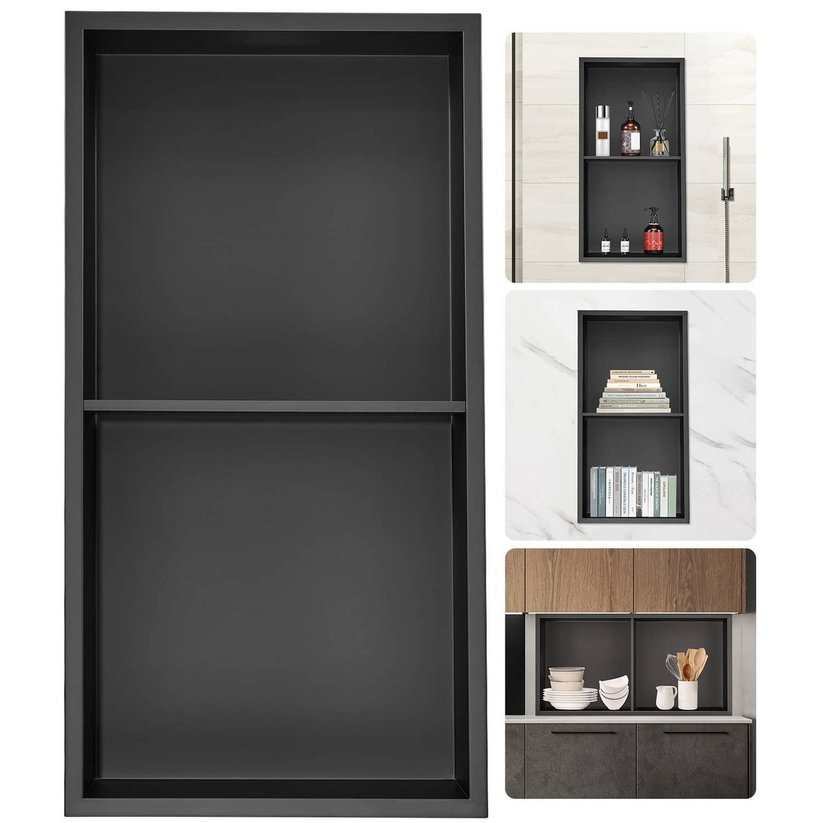Black stainless steel shower niche insert with double shelves, wall-mounted storage
