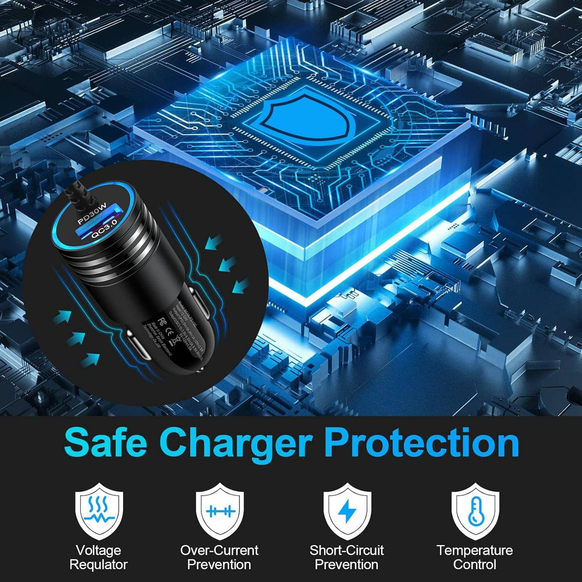 Car charger safety protection icons: voltage control, over-current, short-circuit, temperature