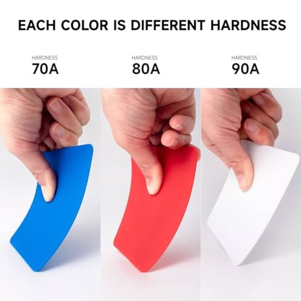 Vinyl cards showing different hardness: blue 70A, red 80A, white 90A