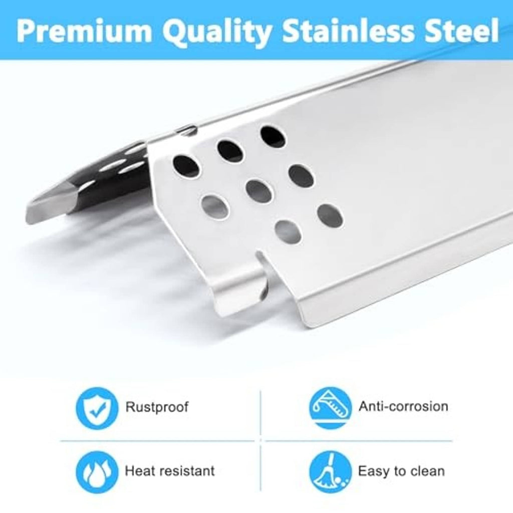 Stainless steel perforated flame burner shield panel with heat-resistant burner support