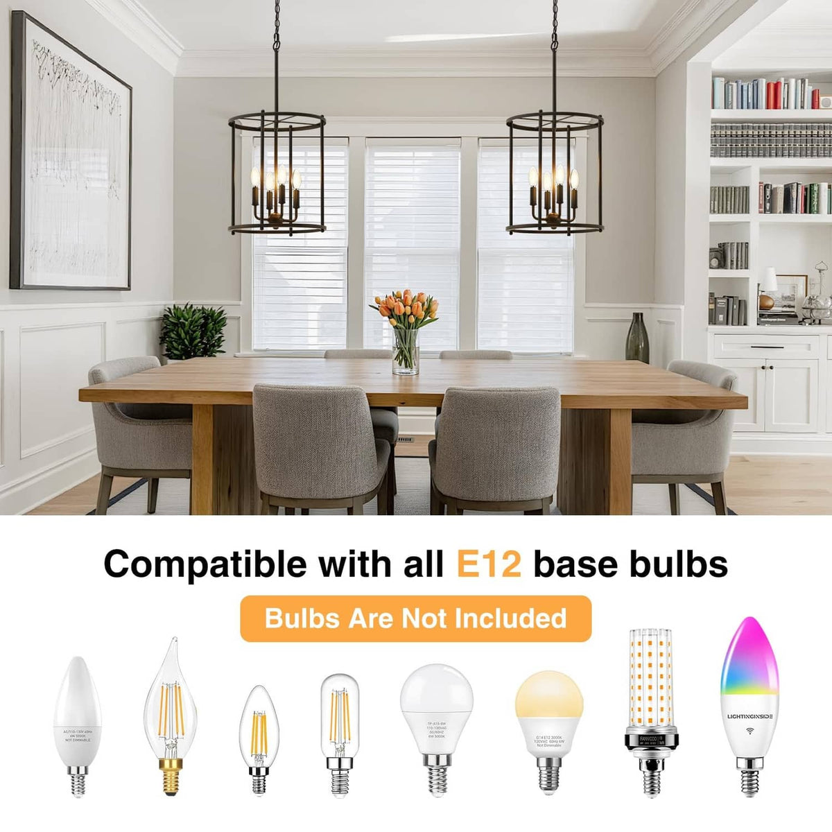 Matte black 4-light chandelier pair hanging over dining table with cage frames
