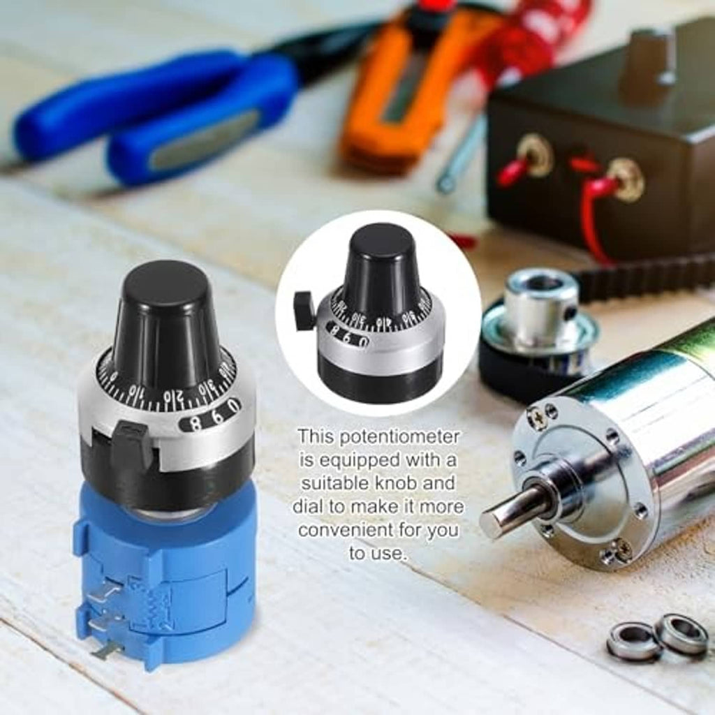 Rotary multi-turn potentiometer with black knob and blue housing on a workbench