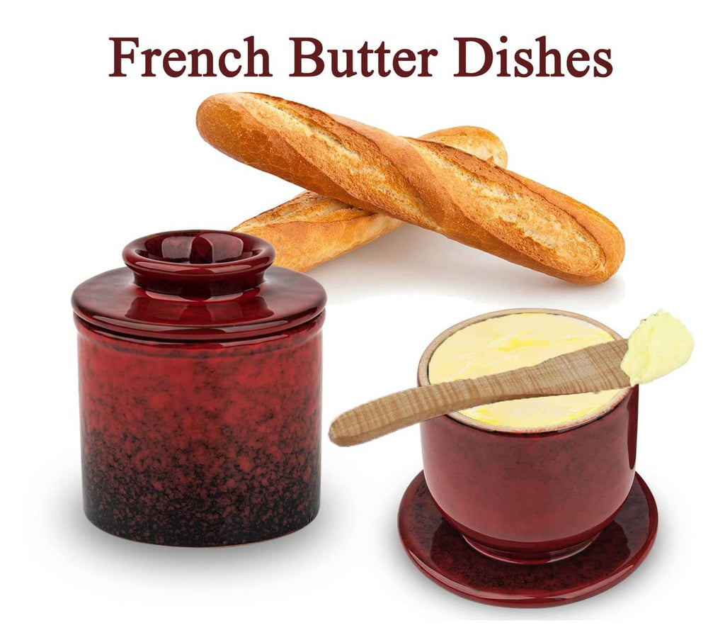 Red speckled ceramic butter crock with domed lid, front and side view.