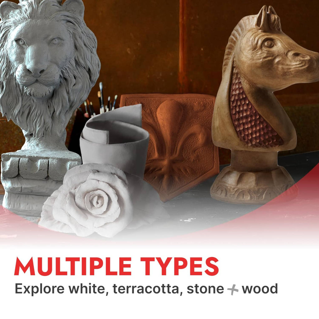 Air-dry clay sculptures in white and terracotta tones with lion and dog busts