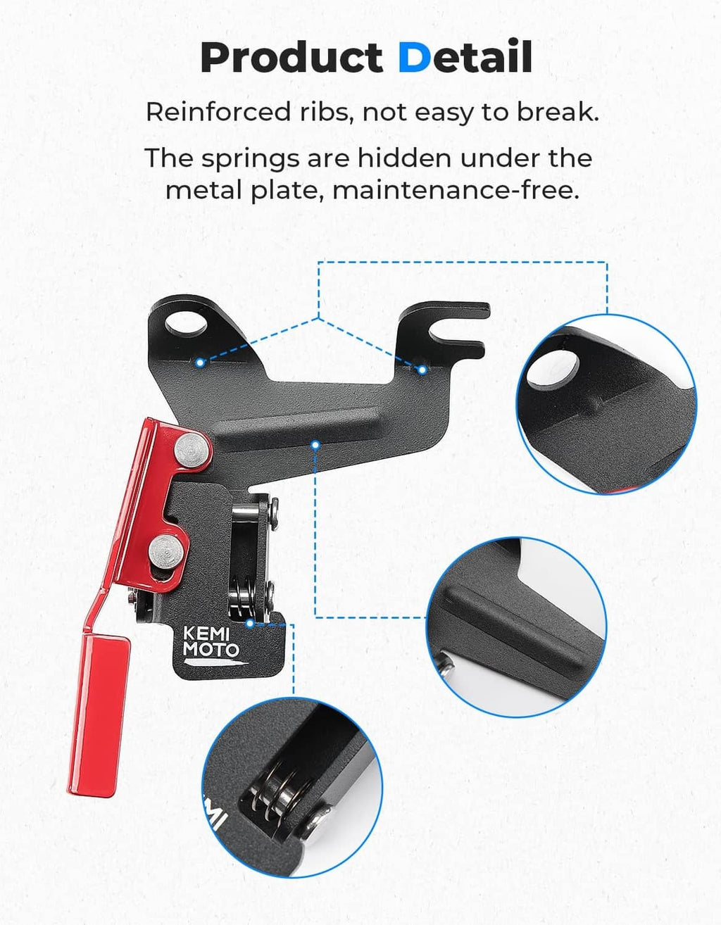 Parking brake lever with reinforced ribs and hidden spring guard, black and red.