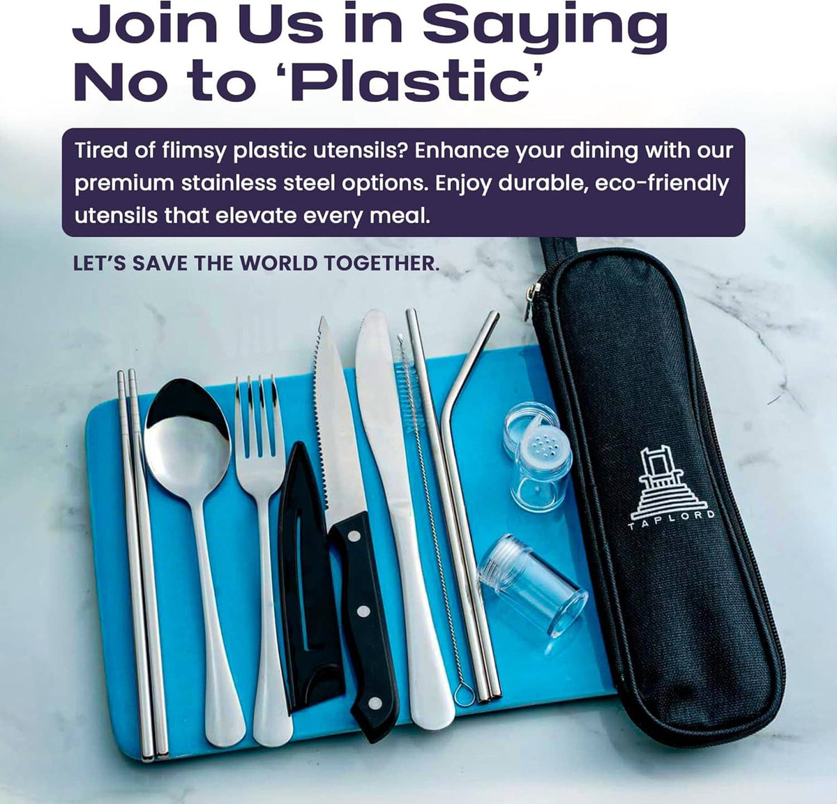 Stainless travel silverware set with black case and reusable straws on a blue tray