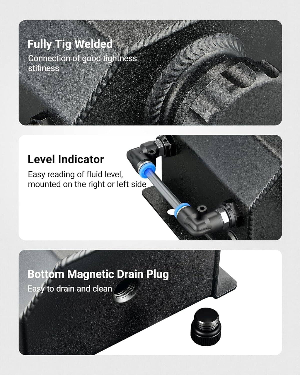 Coolant recovery tank with level indicator and TIG-welded seams, close-up details