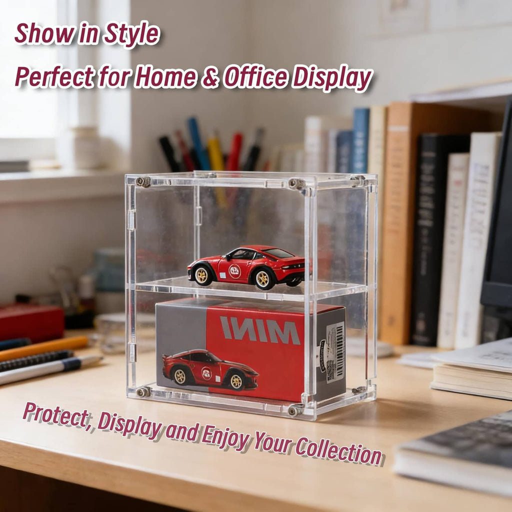 Clear acrylic display case holding a model car and original box on base