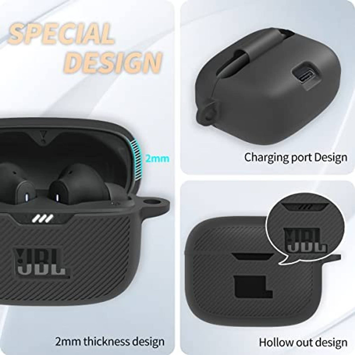 Black silicone earbud case cover with charging port cutout and hollow design