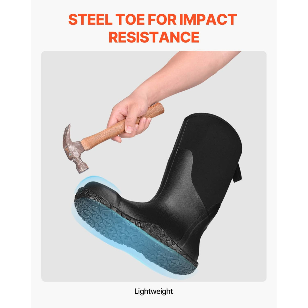 Black tall rubber boot with thick outsole tread pattern and rounded toe