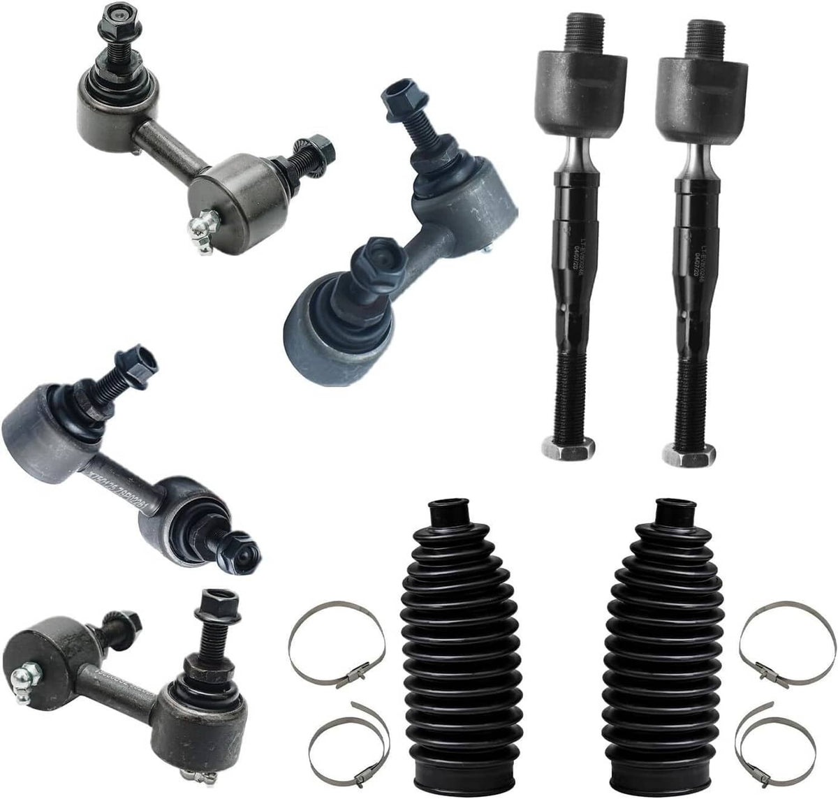 Front suspension ball joints, tie rods, and rubber boots set, black and silver