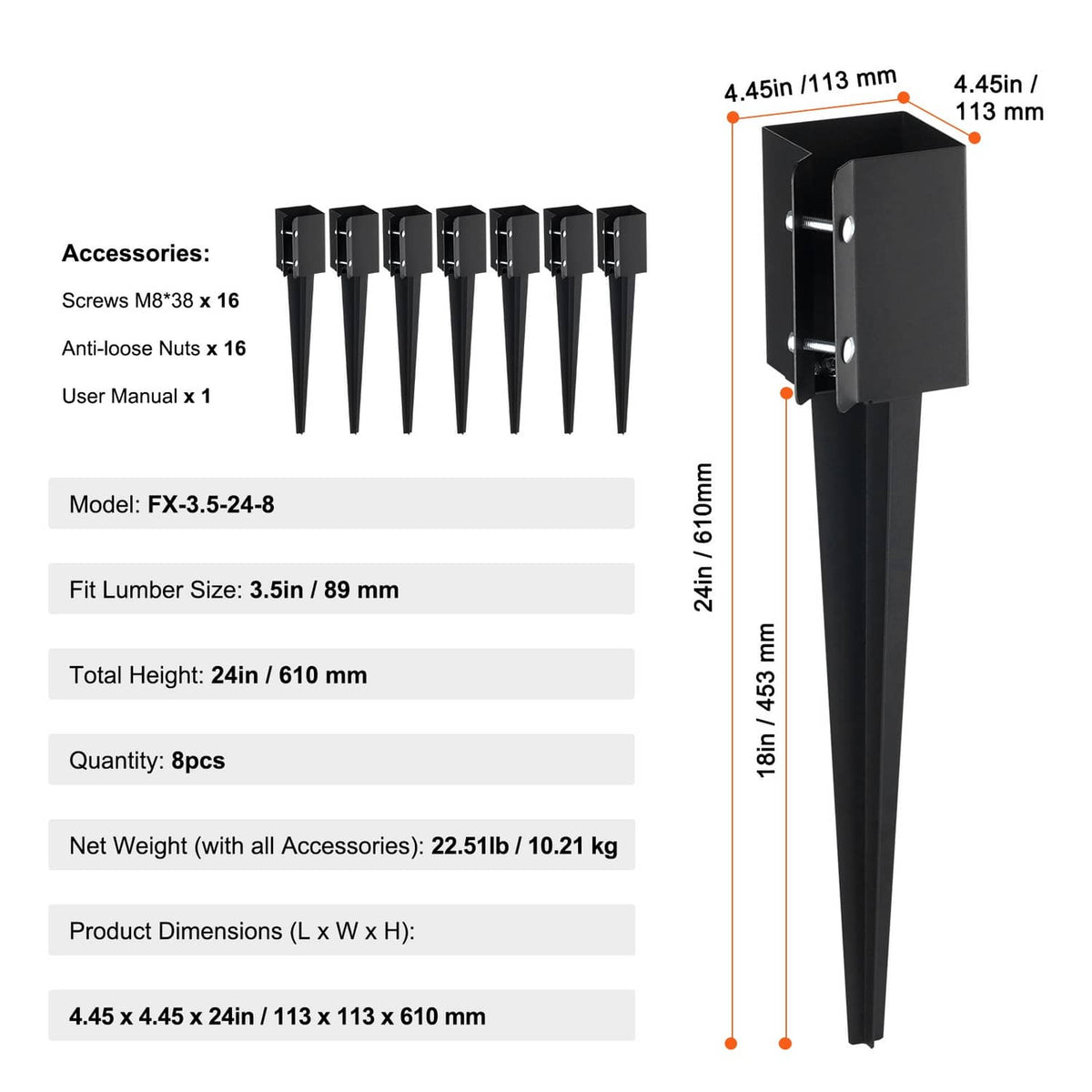 Black metal ground spike with square mounting bracket and two mounting holes.