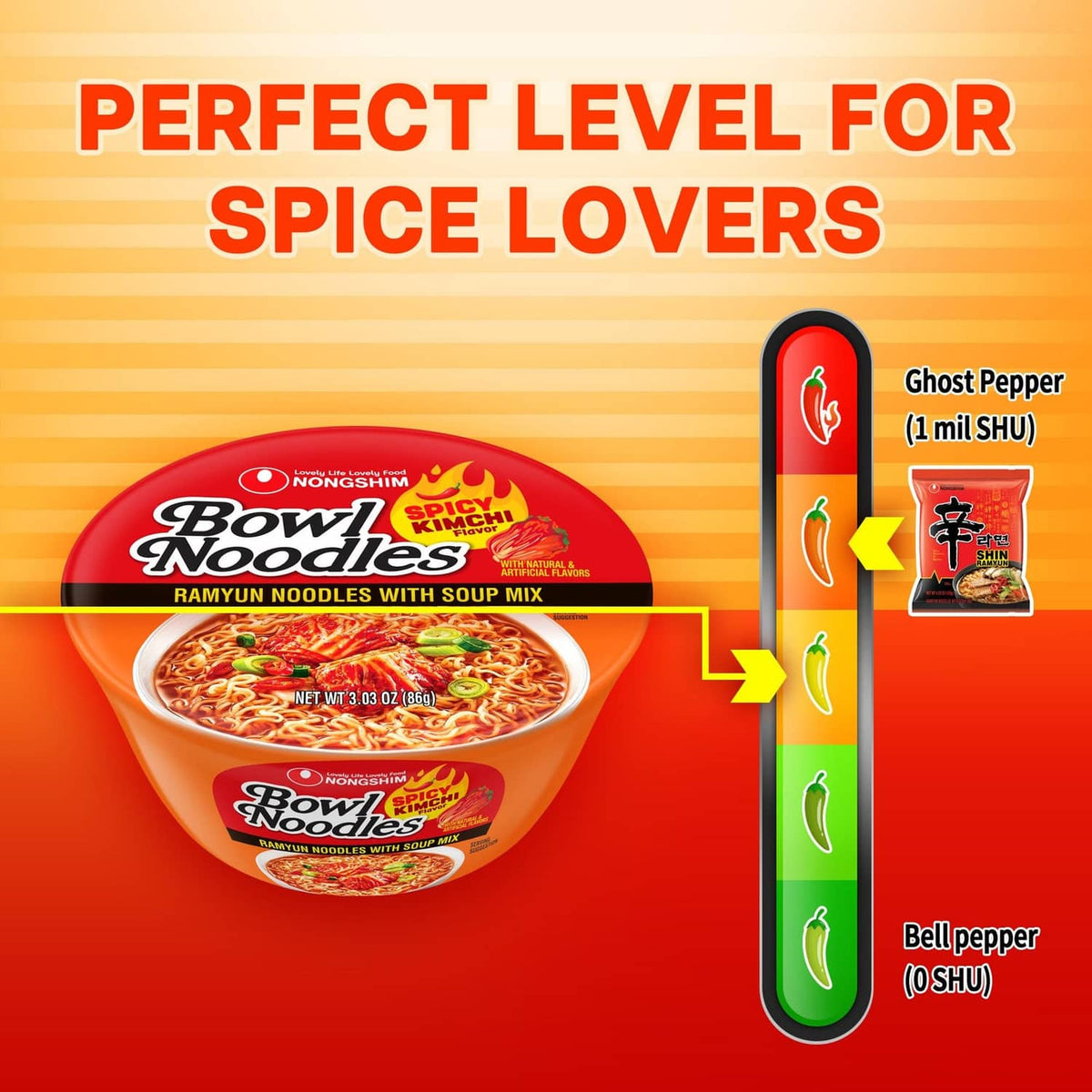 Instant ramen bowl with soup mix, kimchi, and chili pepper heat-scale icons