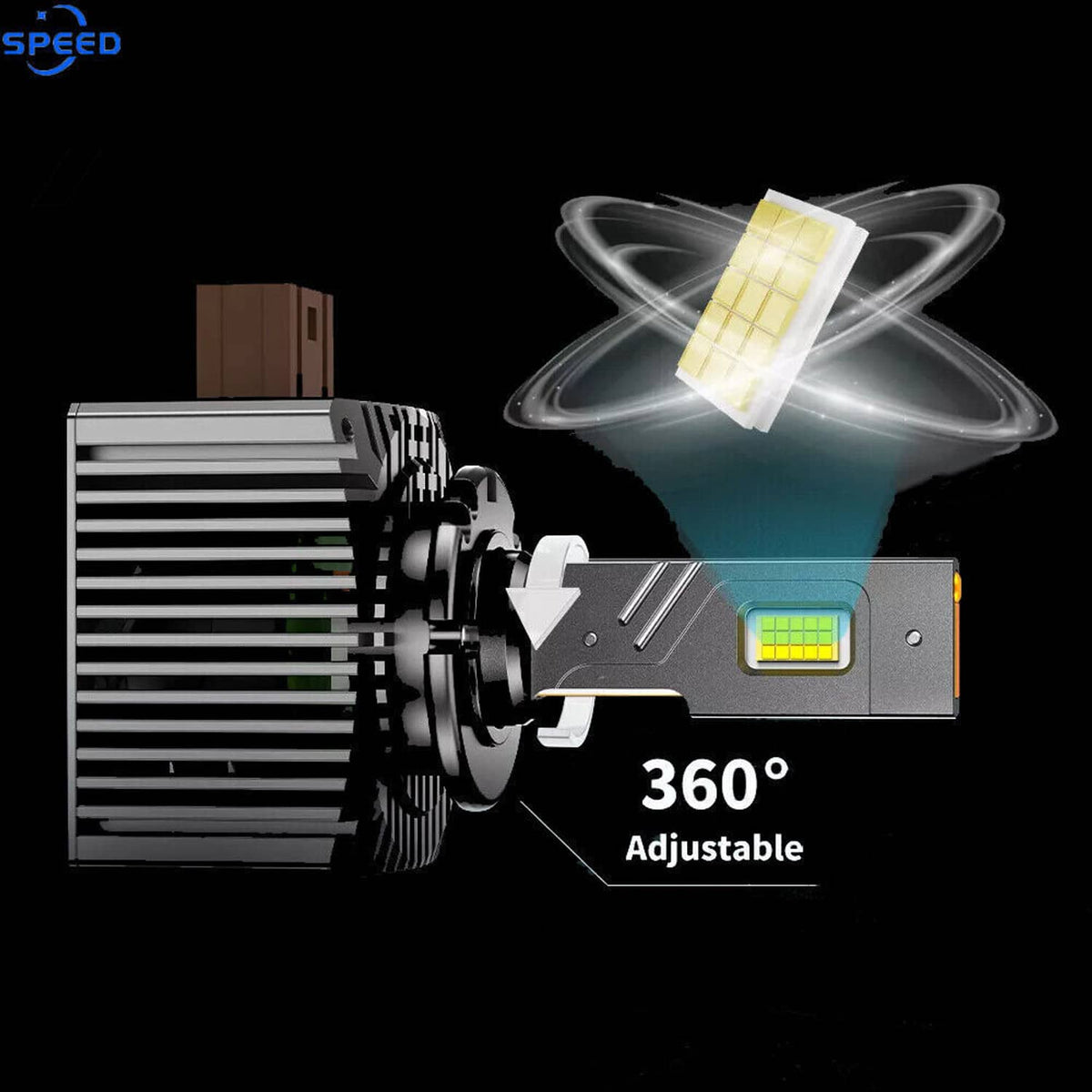360° adjustable LED headlight bulb with yellow LED chip on black housing