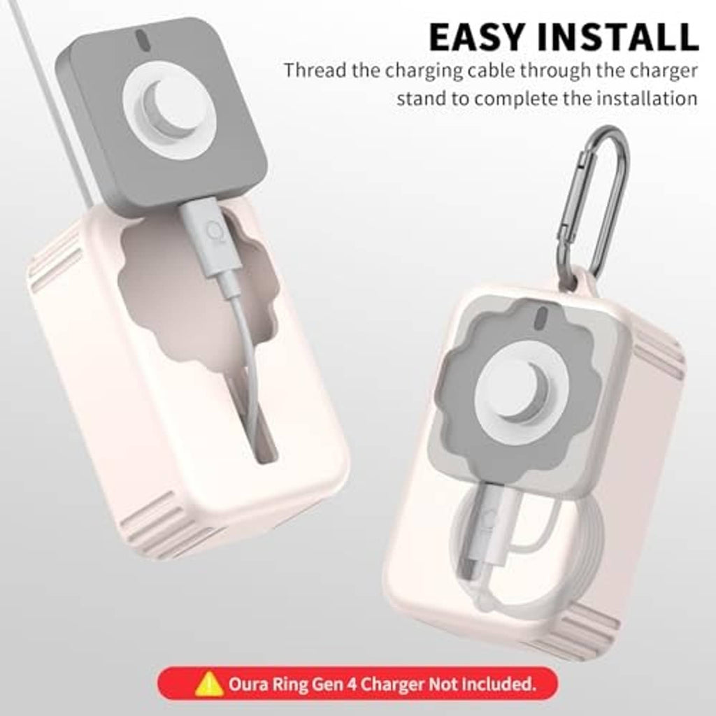 Off-white silicone charger stand cover with gray top opening, cable, and metal loop