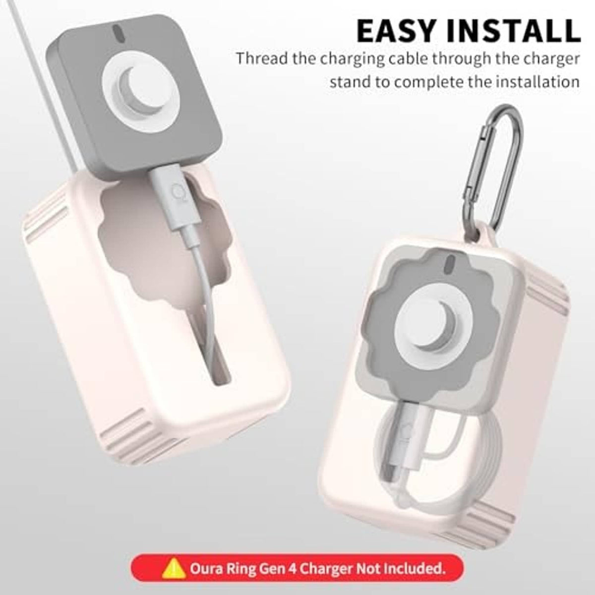 Off-white silicone charger stand cover with gray top opening, cable, and metal loop